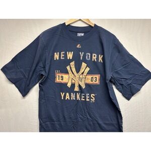 New York Yankees Majestic Men MLB Shirt Blue Medium TALL Cooperstown Graphic New
